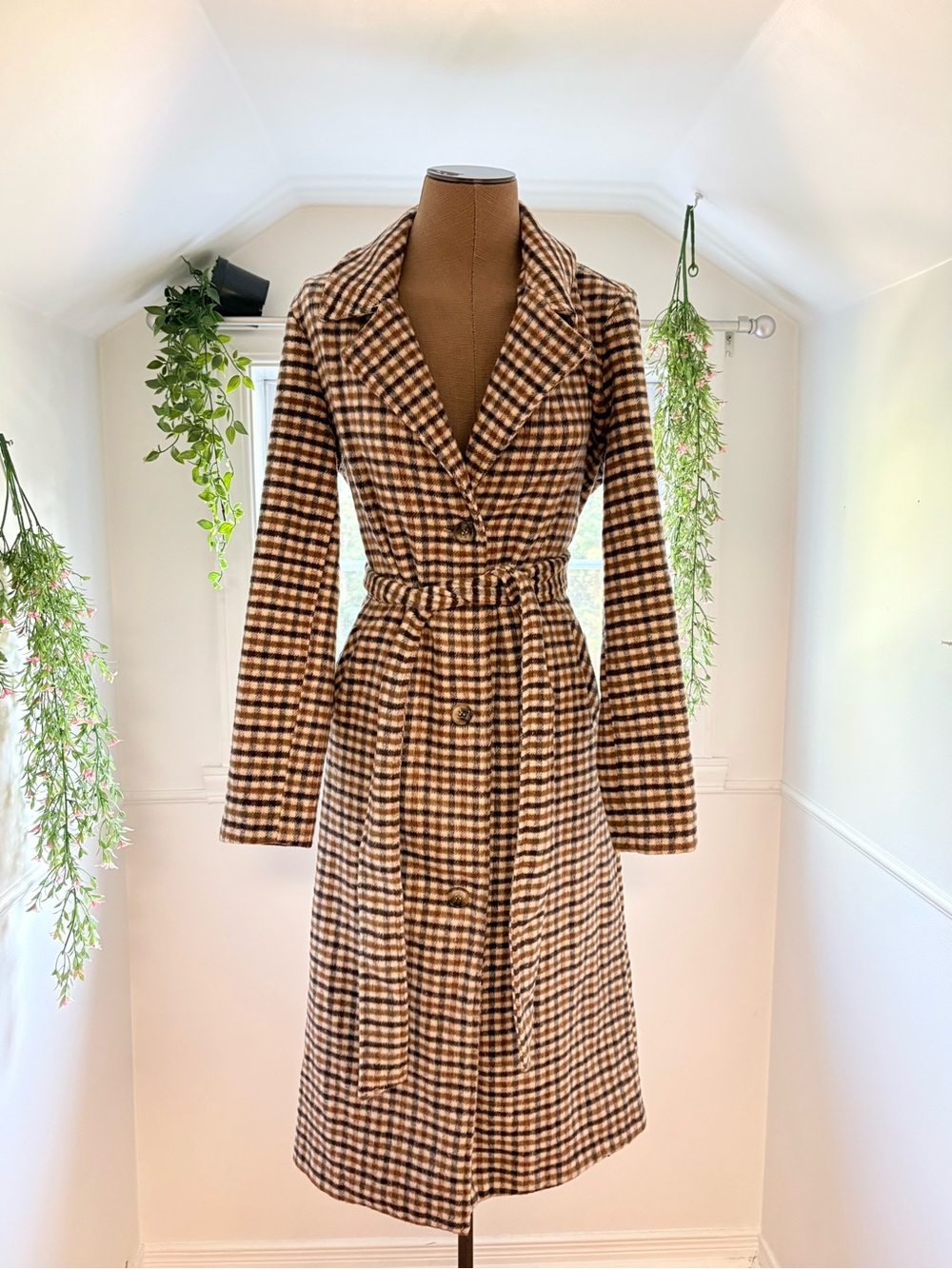 Womens Brown Plaid Belted Trench Coat Dress